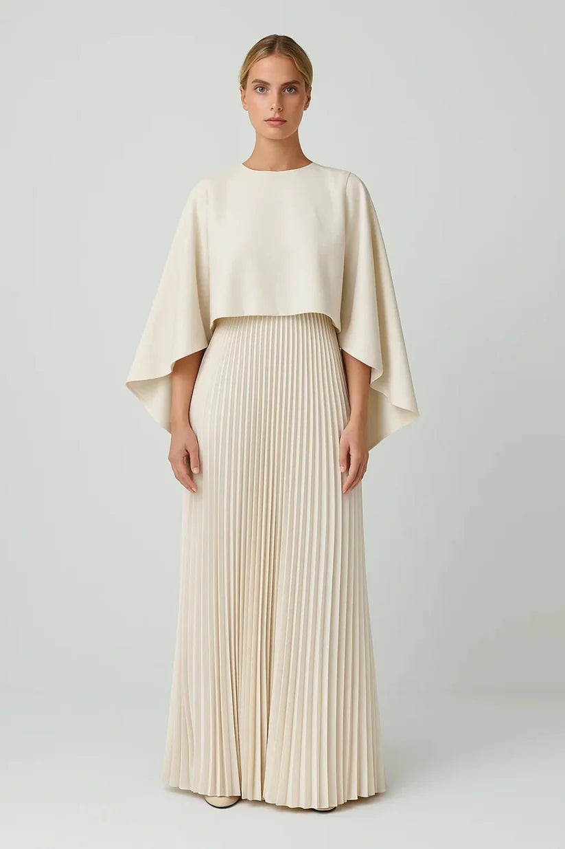 Elegant Pleated Cape-Sleeve Dress