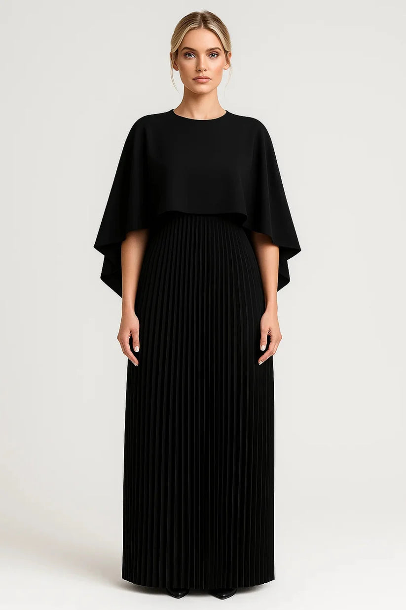 Elegant Pleated Cape-Sleeve Dress